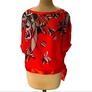 Elie Tahari Red Floral Print Sheer 100% Silk Ribbon Tie Blouse - Size M